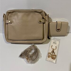 NWT Vegan Cream Handbag with FREE Crossbody Strap, Decorative Charm and Wallet